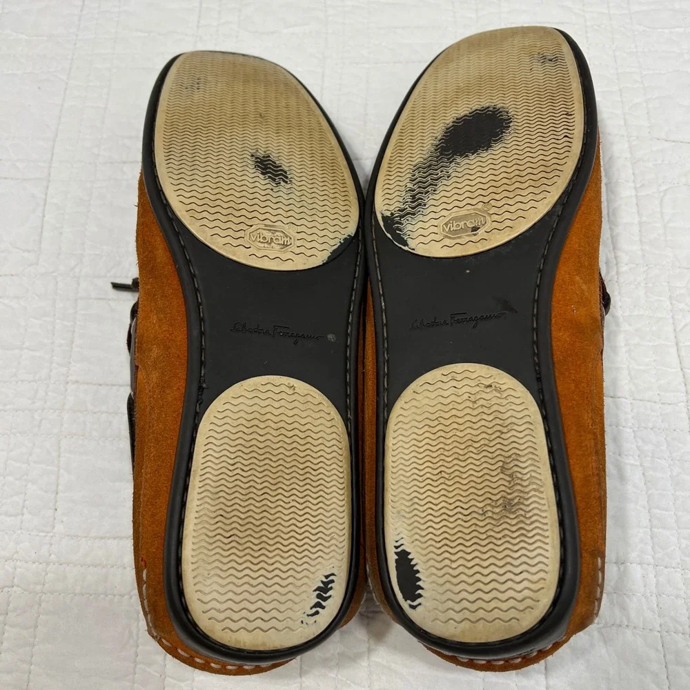 Salvatore Ferragamo Mens Brown Leather Orange Suede Driving Loafers TN 9198  11